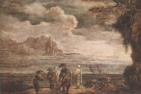 unknow artist A coastal landscape with fishermen drawing in their nets oil painting image